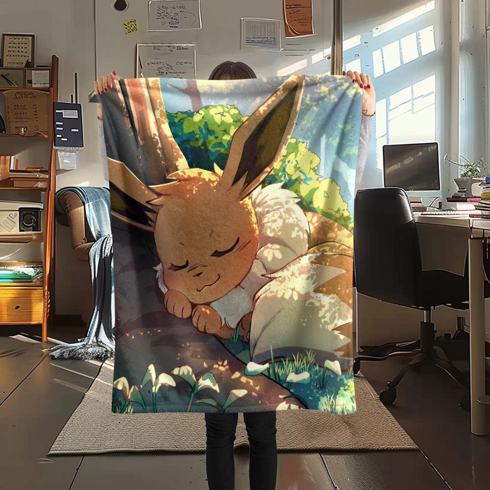 Roztomilá deka s potiskem Eevee z flanelu, Vysoce kvalitní, Pohodlná pro všechna roční období, Domácí dekorace, Teplo a pohodlí