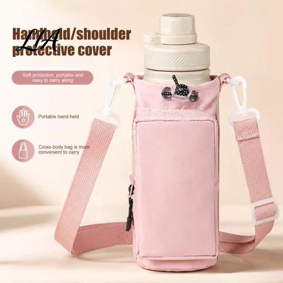 Universal Glass Cup Holder Crossbody Water Carrier, Wear-resistant Protective Sleeve with Phone Pocket, Drawstring Adjustable Strap Closure