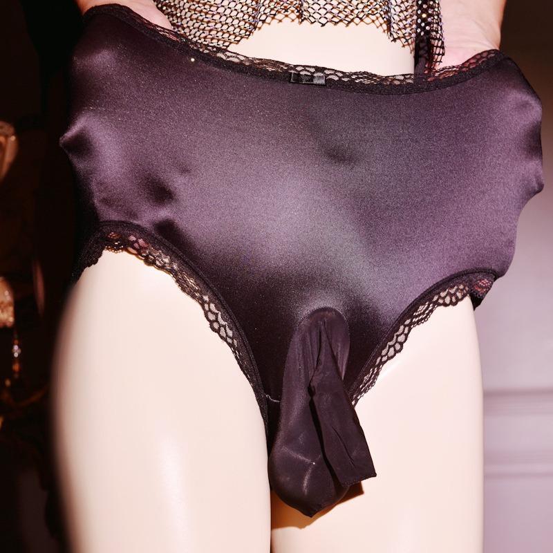 Men Sexy Panties High Waist Satin Underwear Crossdressing Sissy Underpants Lace Large Size Hip Lift Briefs Breathable Lingerie