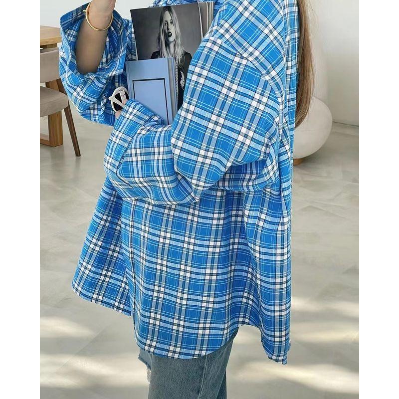 Fashion Style Loose Plaid Retro Lapels Casual Shirt Loose Plaid Long Sleeved Shirt