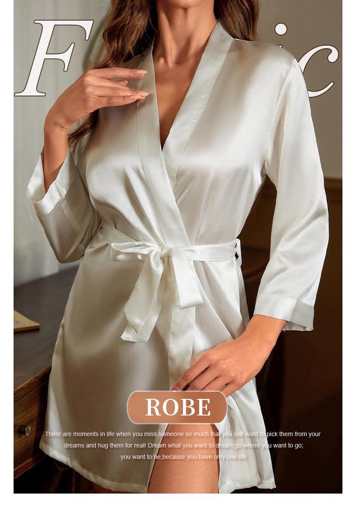 Mid-Sleeve Imitation Silk Women's Tassel Belted Bathrobe Summer Cardigan Pajamas