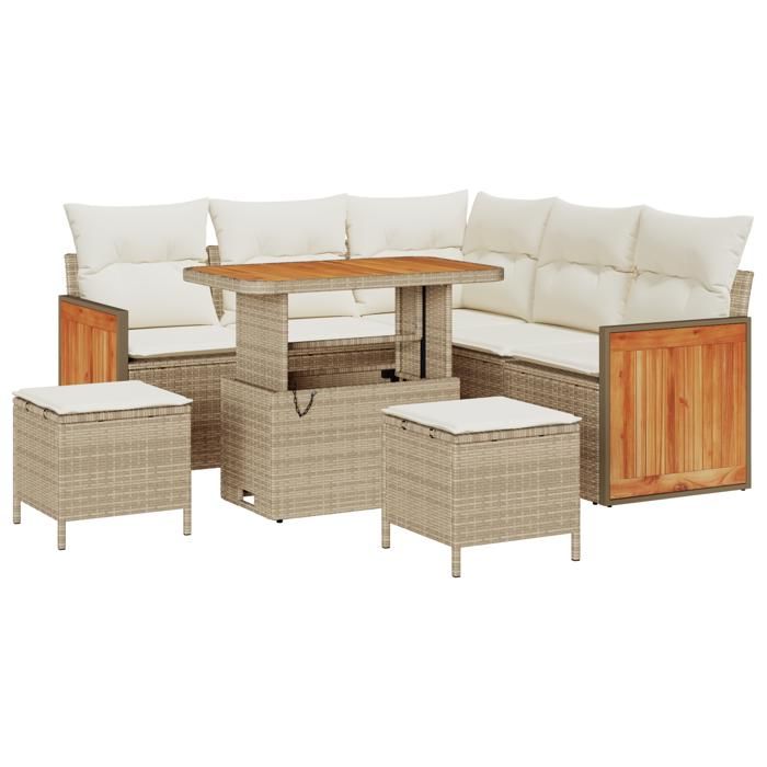 Ensemble de canapé de jardin 8 pièces avec coussins beige en poly rotin acacia, Canapé de jardin 2 places avec coussins 3363306