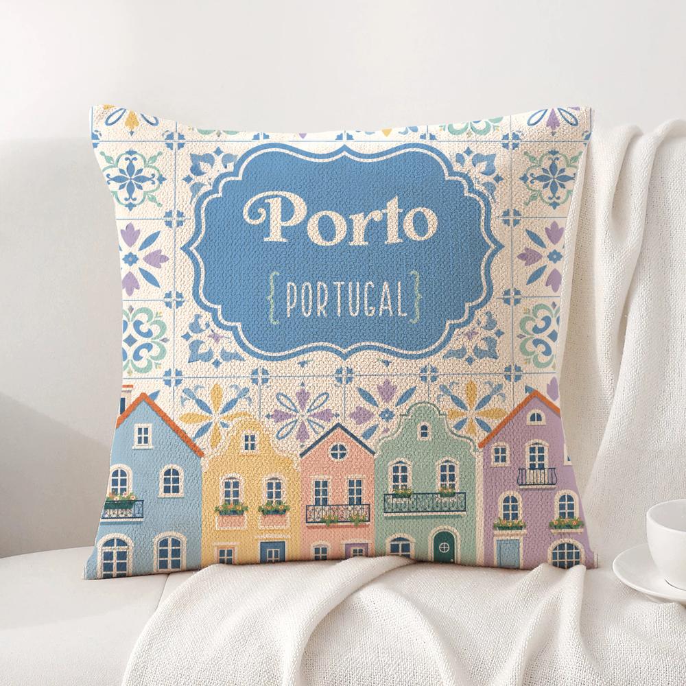 Lisbon Tiles Cushion Cover Linen Organic Fabric DoubleSided Printing Sofa Breathable Home Decor Gift Pillow Case