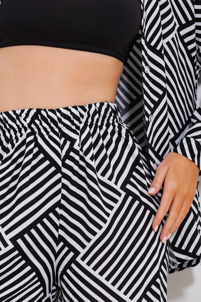 Set de top și de jos pentru femei, la modă din sezonul nou, nisip, bej-negru, cămașă și pantaloni cu model, set de top și de jos țesute