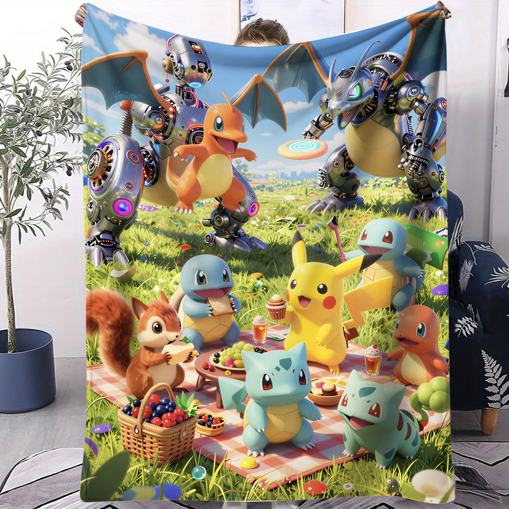 Pokemon Mega Gathering Cute Pikachu Print Fleece Throw Blanket for Adult Quality Cozy Soft Warm Blanket for Travel Office Home