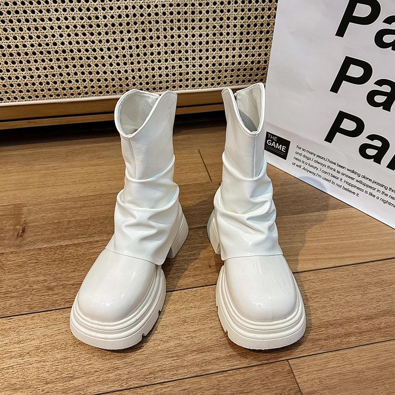 

New thick heel Martin boots women s 2025 autumn and winter mid-tube boots women s round head versatile women s boots thick-soled pleated fashion trend 35