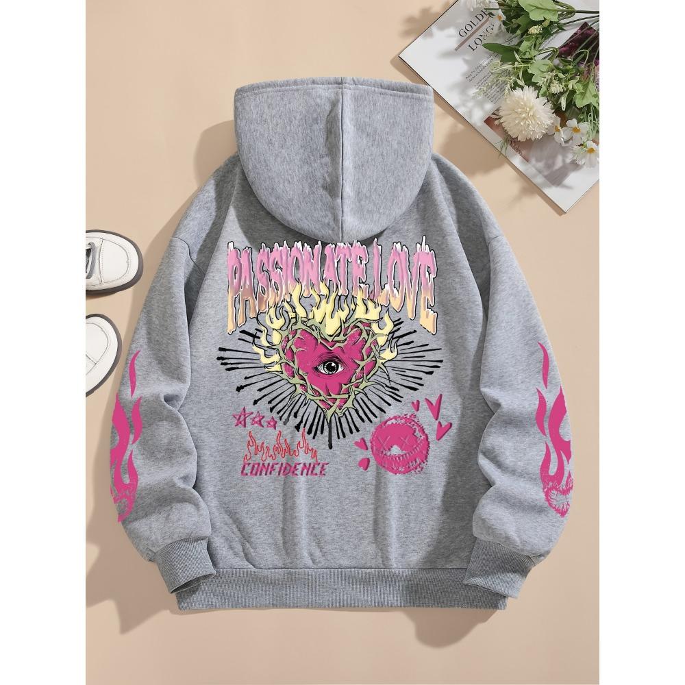 Moletons de Rua Femininos Amor Apaixonado Coração de Chamas Estampado Hoodies Gola Redonda Soltos Pulôver Quente Tops Femininos Roupas