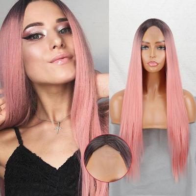 Ombre Pink Lange glatte Perücke ohne Pony Lace Front Synthetische Faser Damen Mode Lange glatte Perücke Alltagskleidung