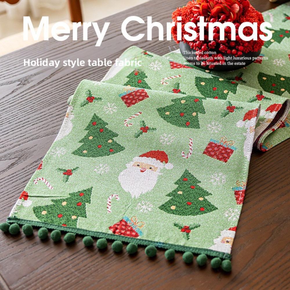 Christmas Red Table Runner Santa Claus Fringe Balls Western Dining Decor Long Cloth Sideboard Table Cover