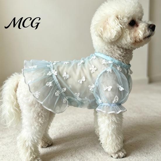 Bow Pattern Pet Dress Sheer Mesh Dog Dress, Ruffled Cute Bowknot Loose Puff Sleeve Sleeve, Breathable Summer Outfit for Small Dogs