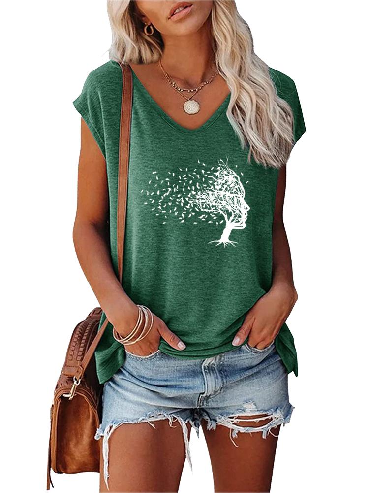Women Fashion T-shirt Summer V Collar Print Short Sleeve Top Ladies Casual Tee Shirt