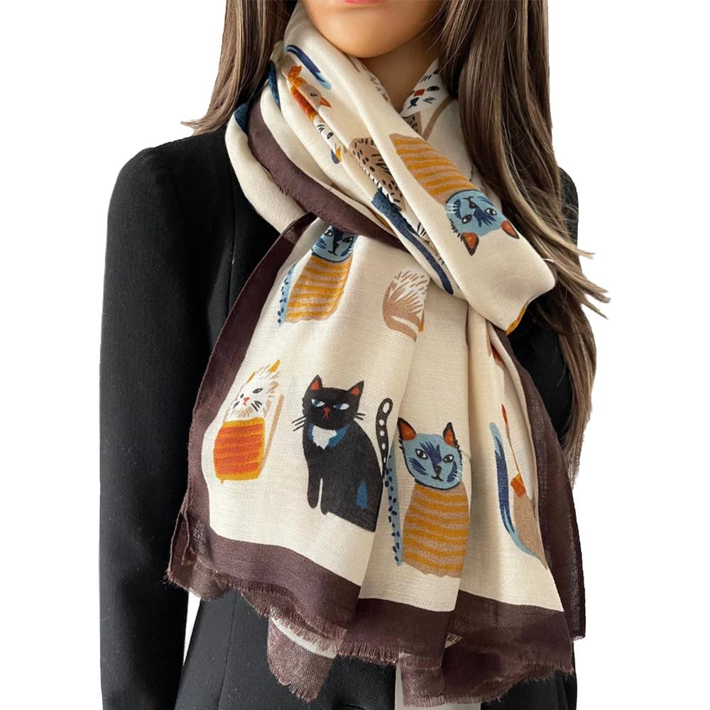 Women Printed Scarf Long Shawl Animal Luxury Designers Scarf Cute Cat Patterns Hijab Soft Viscose Hijab Women Floral Tippet