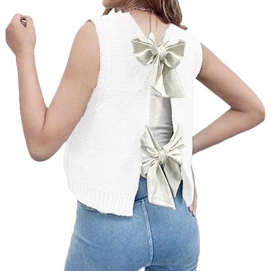 Women Knitted Vest Round Neck Sleeveless Crop Tank Bow Tie Decor Hollow