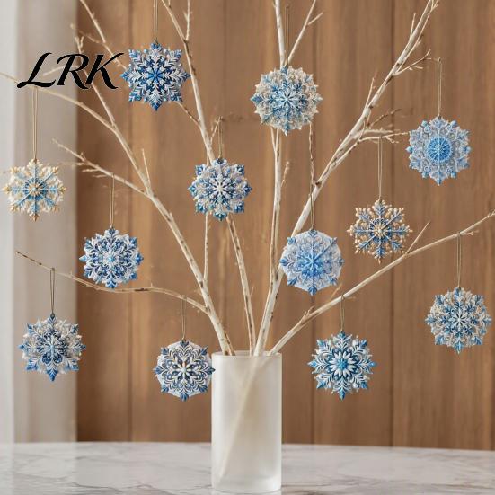 Ice Snow Theme Party Supplies 12 Pcs Wooden Snowflake Ornaments, Blue Winter Christmas Tree Hanging Decoration, Reusable Favors Double Sided