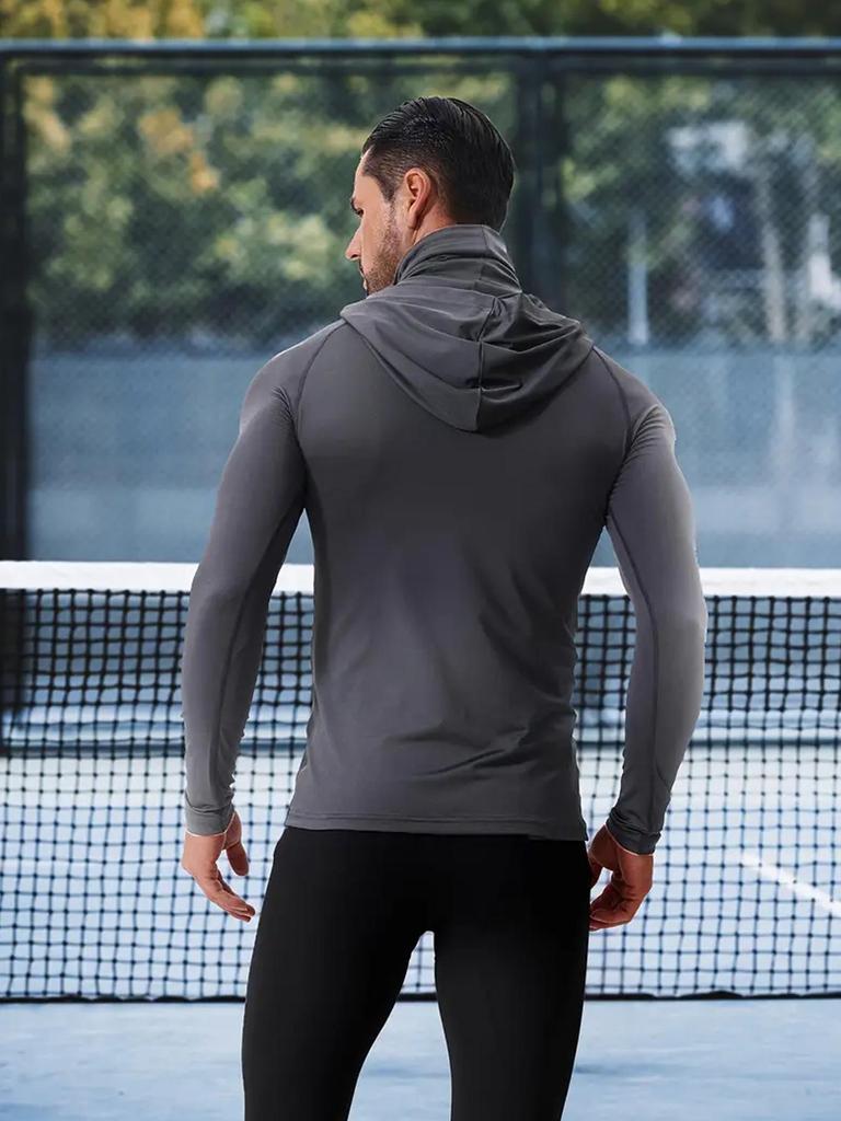 Combinezon de alergare dintr-o singură piesă cu glugă pentru bărbați: Îmbrăcăminte sport respirabilă, cu uscare rapidă, cu croială strâmtă, cu mâneci lungi.