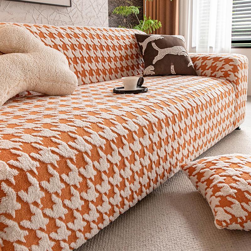 Cozy Houndstooth Check Velvet Sofa Cover All Inclusive Anti-Skid Seat Cushion Furniture Protection Slipcover For Living Room