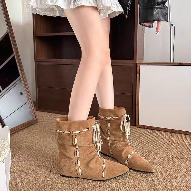 Niche Retro Inner Heightening Pile Boots Women's Short Boots Summer 2025 New Pleated Western Cowboy Boots