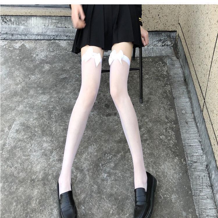 Japanese-Style White Silk Bow Knee-High Stockings