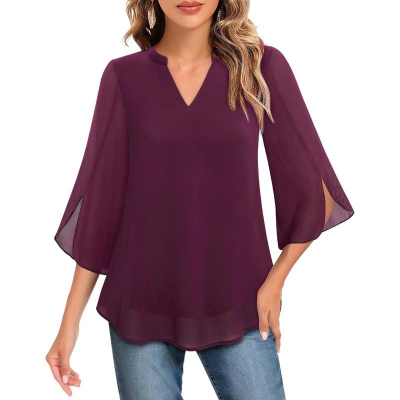 Fashion Loose Casual Summer Chiffon Blouse Women Loose V-neck Shirt Elegant Short Sleeve Solid Color Top Office Ladies Female Basic Women's Clothing