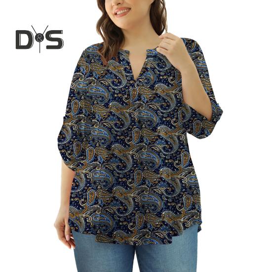 Women Shirt V-neck 3/4 Roll-Up Sleeves Lightweight Tops Flower Print Flowy Hem Tunic Tops Daily Wear