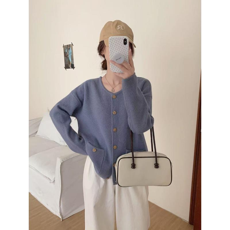 Autumn and winter new round neck single-breasted knitted cardigan women's loose and thin versatile sweater women's coat women