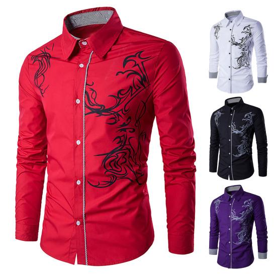 Men Shirt Turn-down Collar Single-breasted Slim Fit Ethnic Style Spring Shirt for Daily Wear