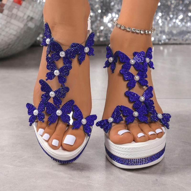 Keilsandalen für Damen mit Schmetterlingsperle, offener Spitze, dicker Sohle, Slip-On-Design mit PU-Bezug