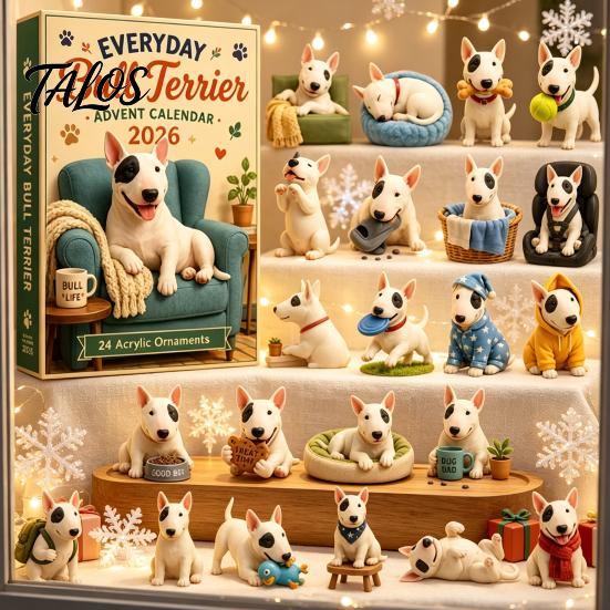 Calza della Befana Stuffers Quotidiani Bull Terrier Calendario dell'Avvento 2026, Conto alla Rovescia di 24 Giorni con Figure Natalizie da Collezione Ornamenti Acrilici, Decorativi