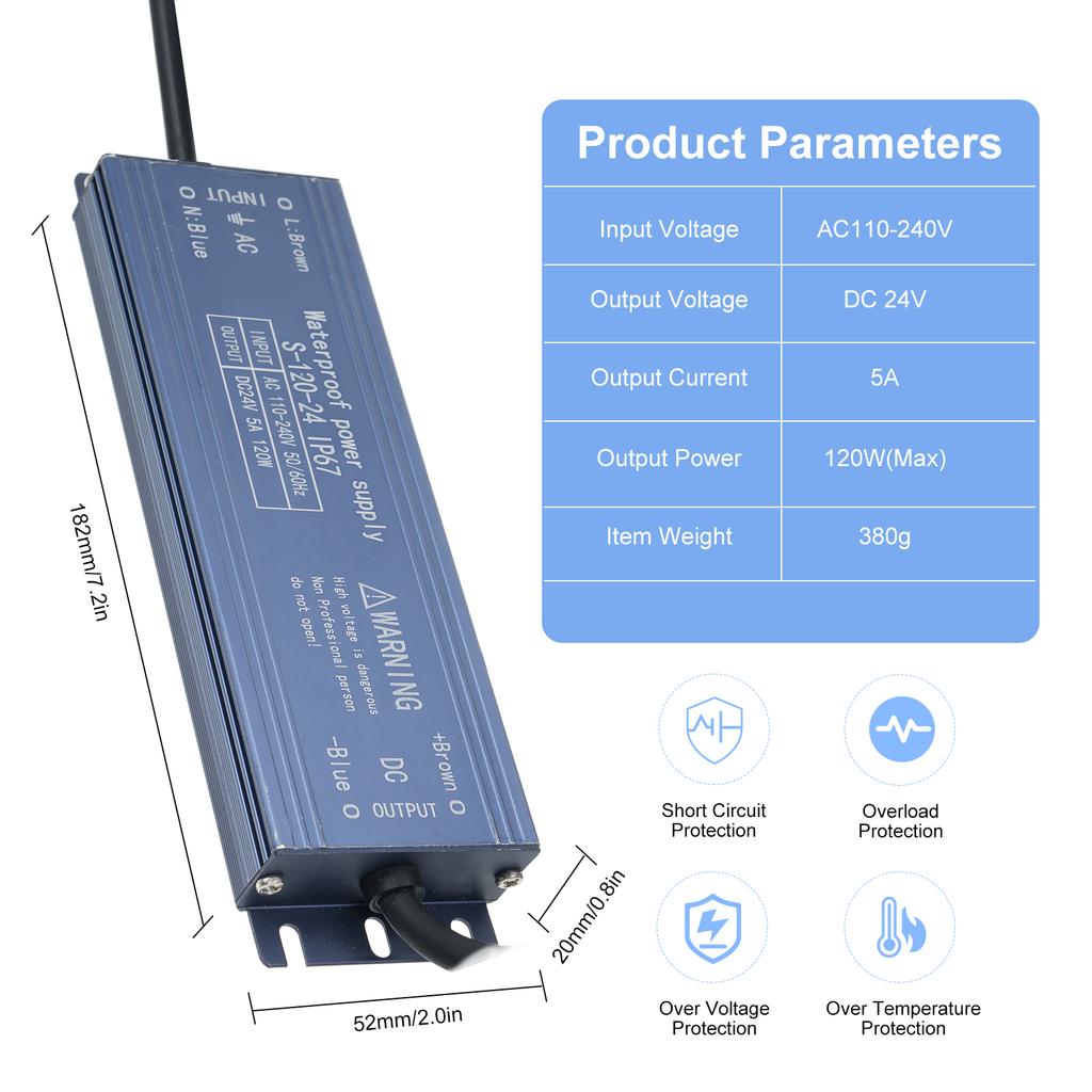 IP67 Water Resistant LED Driver Power Supply Adapter Constant Voltage Output for LED Strip Light Outdoor Lightbox Signboard