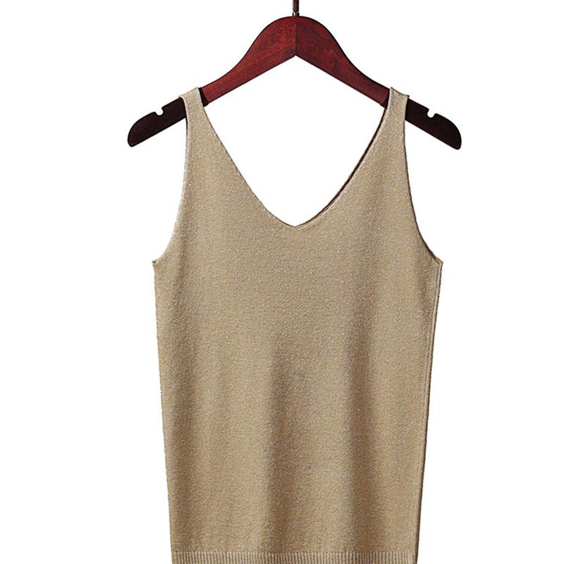 Women Summer Sexy Slim V-Neck Bright Silk Knitted Sleeveless Vest Top T-Shirt Basic Trend