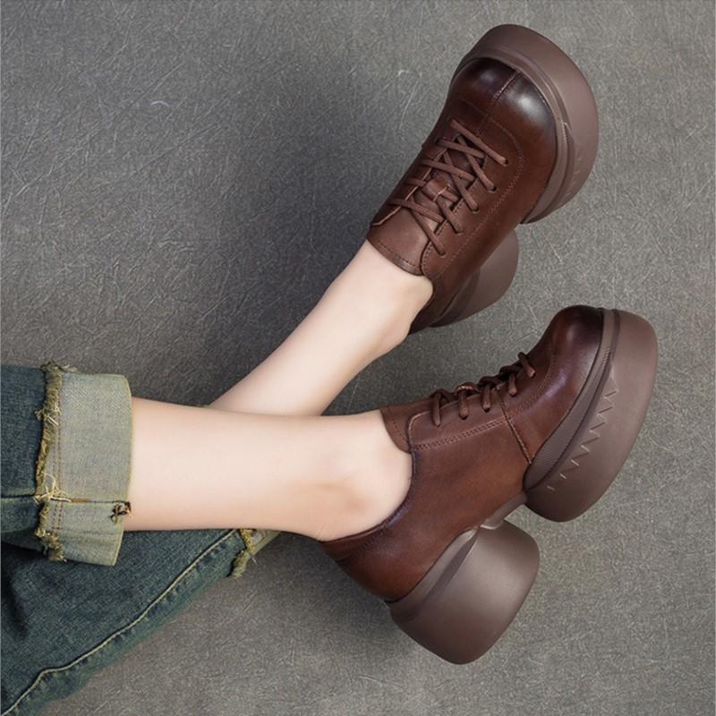 Fashion GKTINOO 2025 Autumn New Genuine Leather Thick Sole Pumps Versatile Retro Round Toe Lace-up Women's Platform Shoes