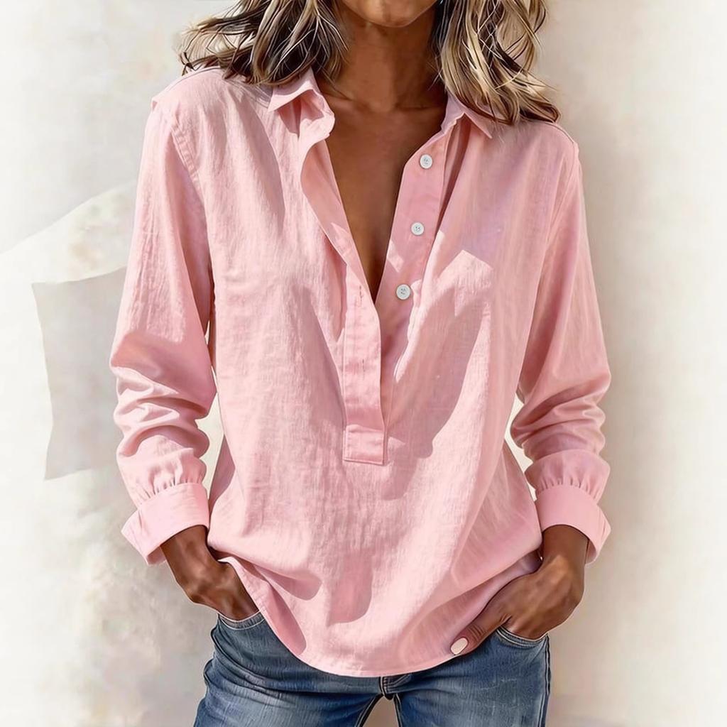 Women Casual Long Sleeve Lapel Button Front Blouse Solid Color Loose Fit Shirt for Daily Wear