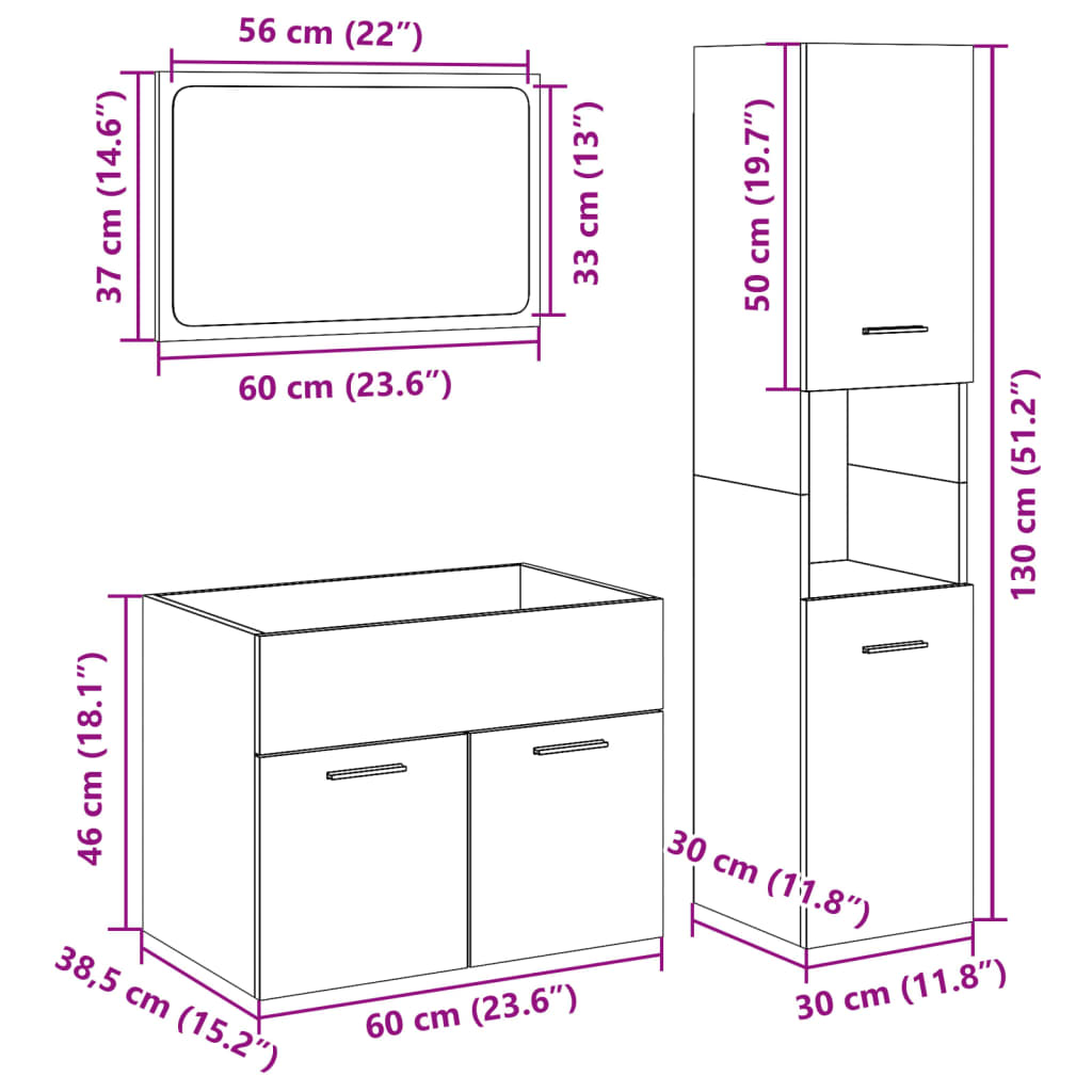 3 Piece Bathroom Furniture Set Concrete Grey Particleboard
