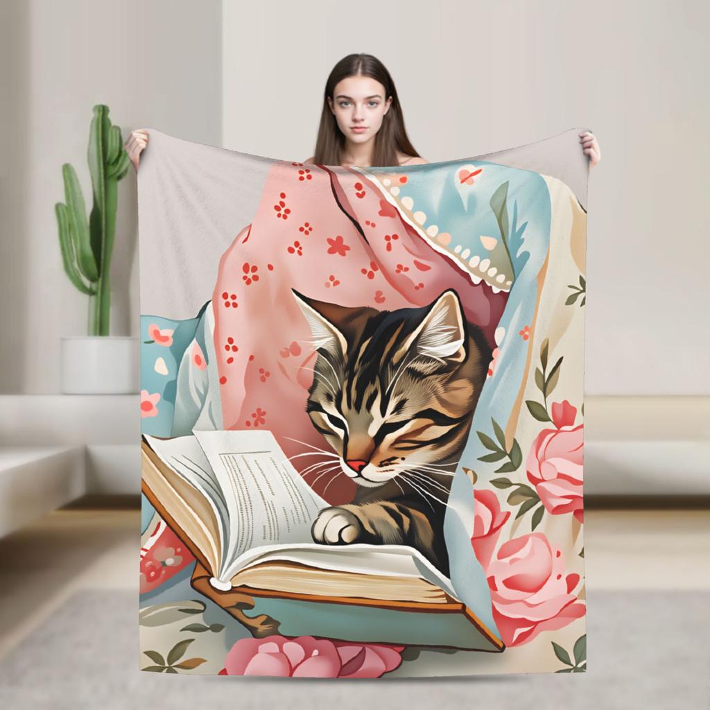Whimsical Reading Cat Plush Blanket Girls Boys Flannel Throw Blanket For Living Room Warm Soft Custom Quality Bedspread Gift
