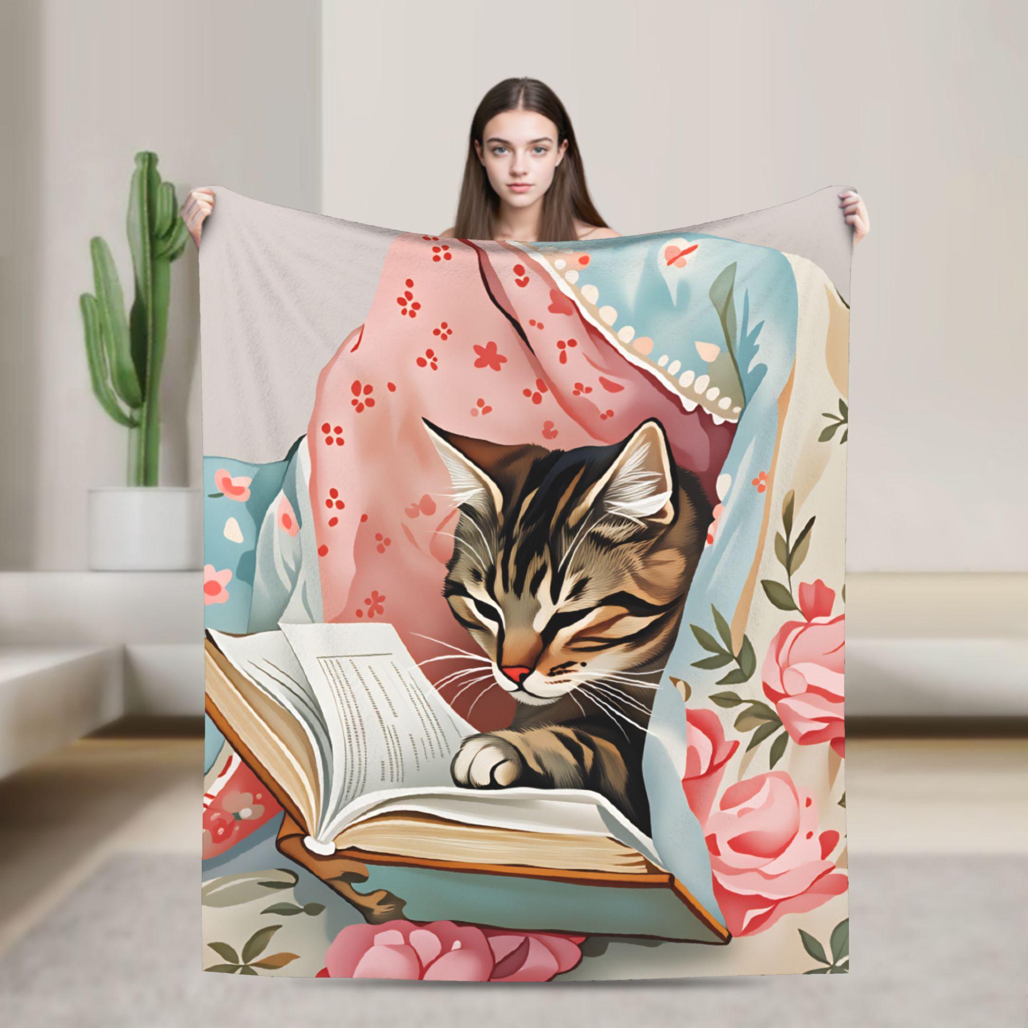 

Whimsical Reading Cat Blanket Soft Warm Funny Plush Throw Blanket For Girls Boys Couch Chair Flannel Bedspread Bed Cover 75x90cm