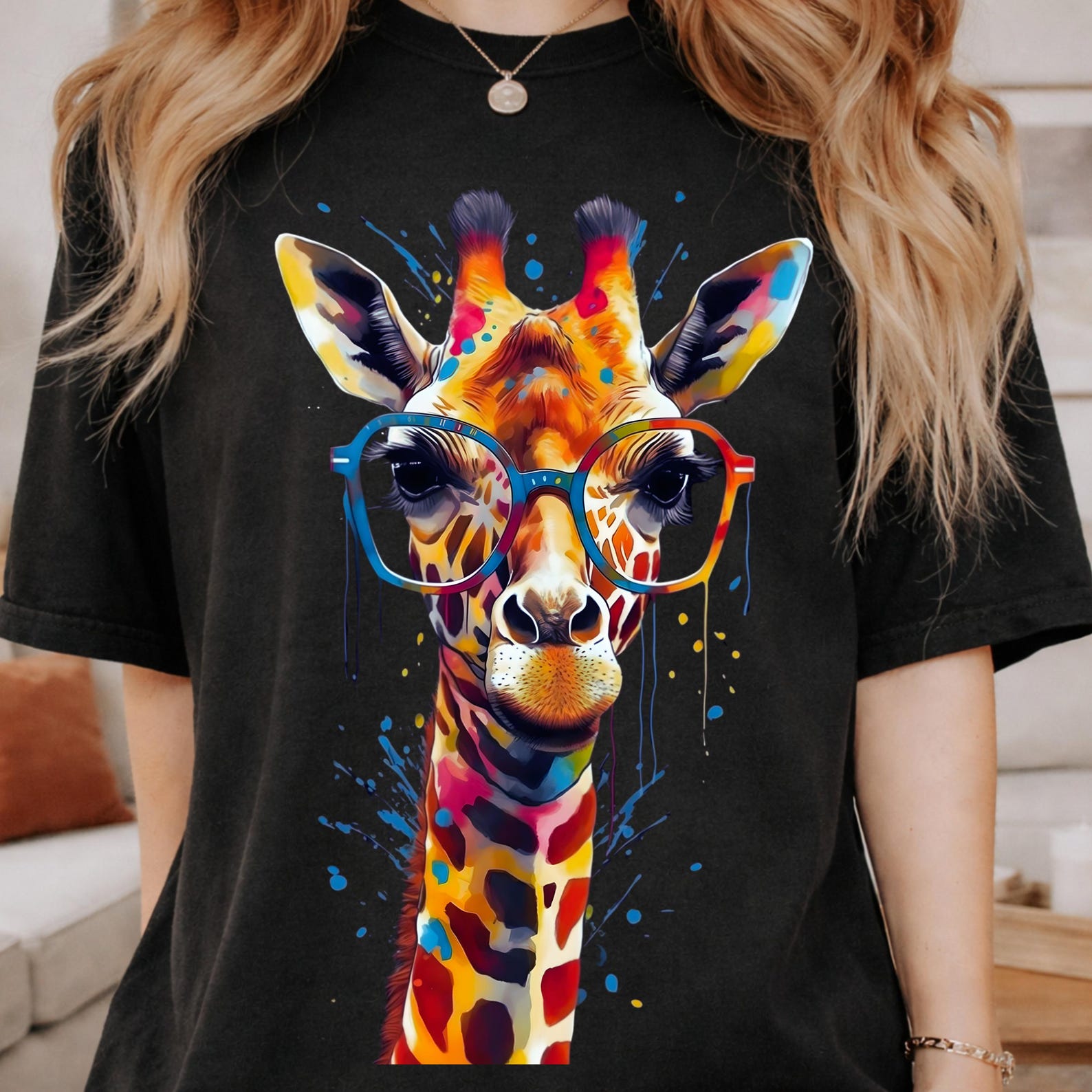 Hand-Painted Giraffe T-Shirt, Whimsical Animal Art Tee, Rainbow Glasses Graphic Shirt 2XL