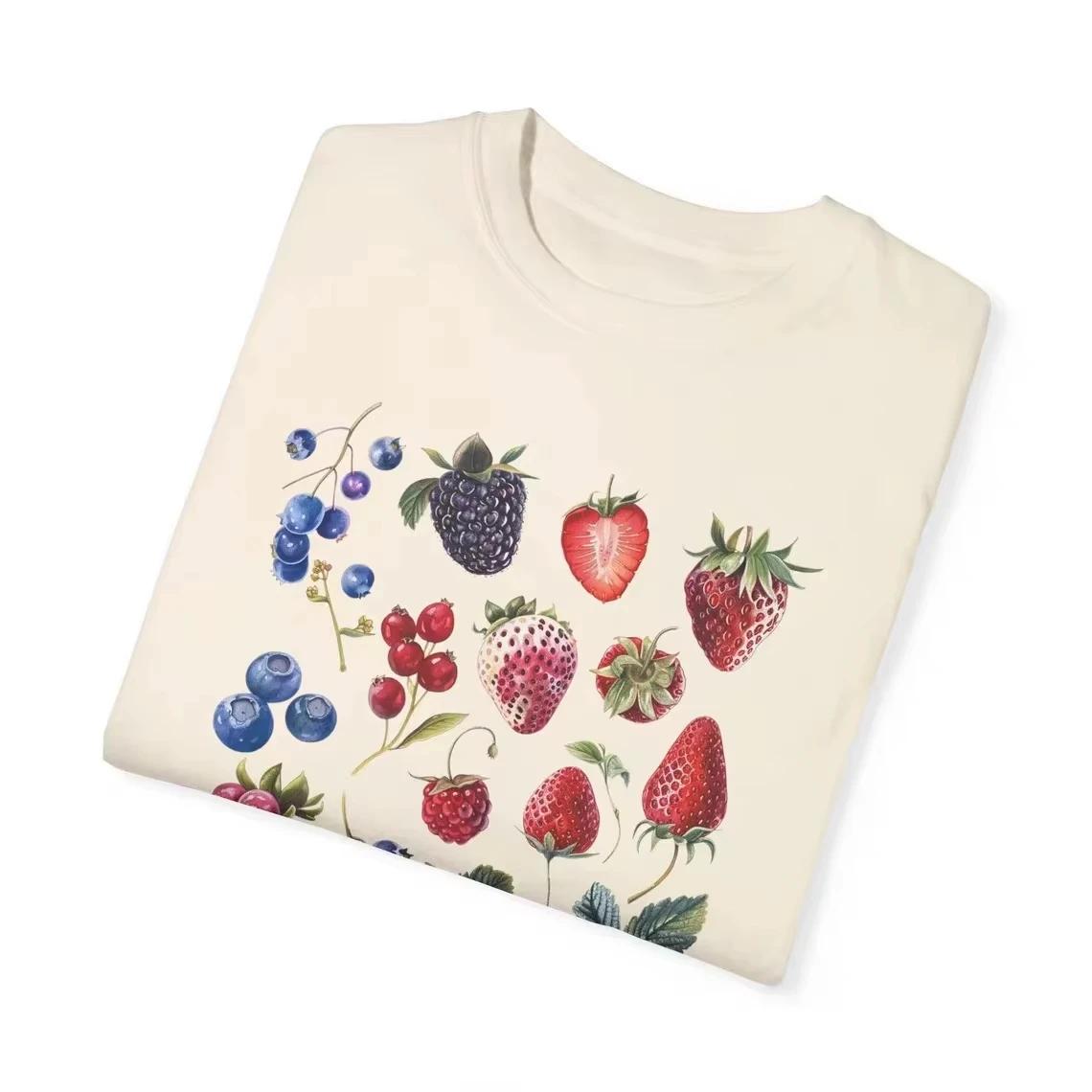 

Summer Women s Aesthetic Fruit Berry T-shirt Fashion Cotton Tee Fruit Lover Blueberry Shirt with Cute Strawberry Cute Berry Top M