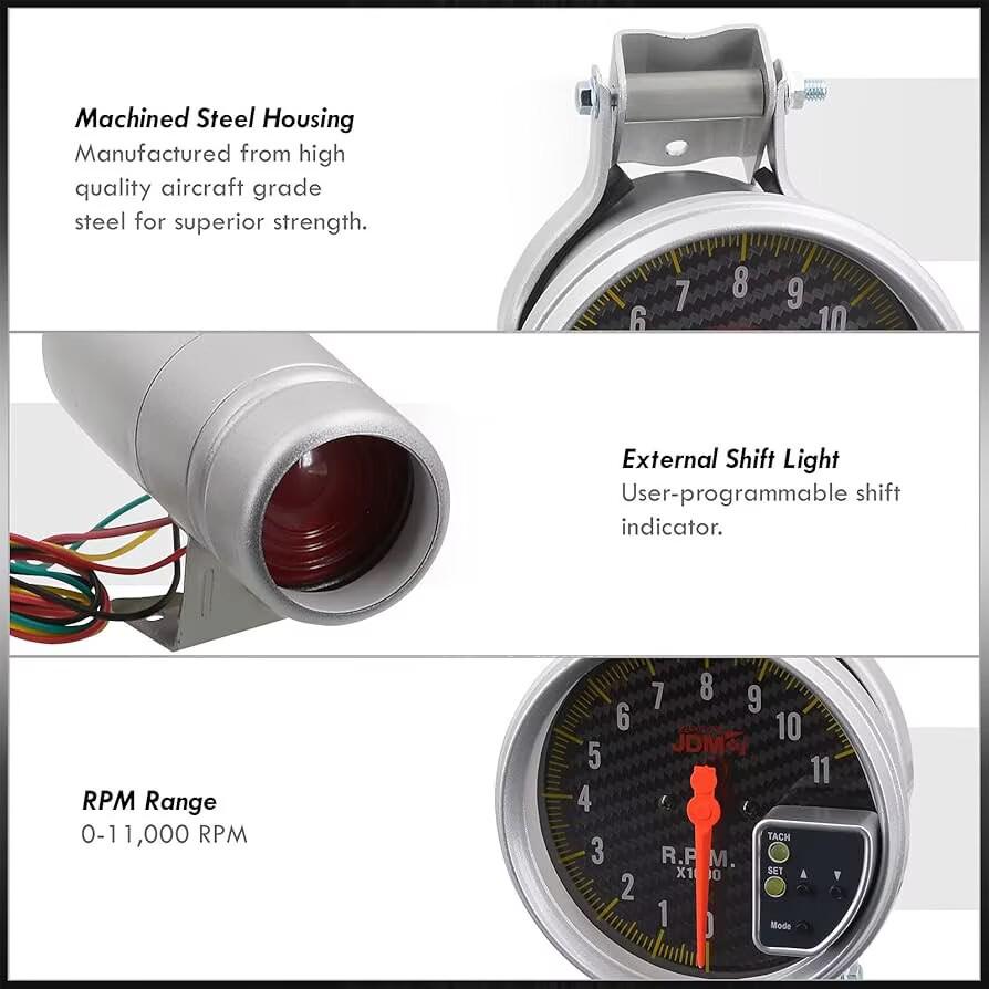 5" Racing Tachometer with Real Carbon Fiber Face and Warning Light - Silver Shell