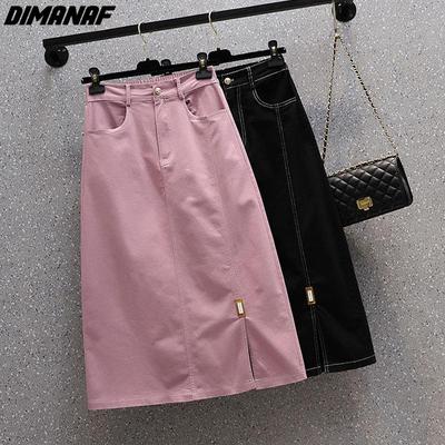 DIMANAF New Summer Style Plus Size Skirts Solid Buttons Women Denim A-Line Vintage Basic Skirt 5XL Pink