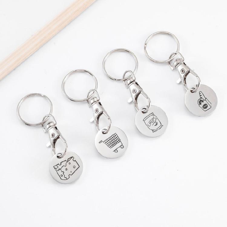 Set of 4 Shopping Trolley Coin Key Holder Shopping Coin Keyrings Carts Tokens Keyring Stainless Steel Texture for Daily