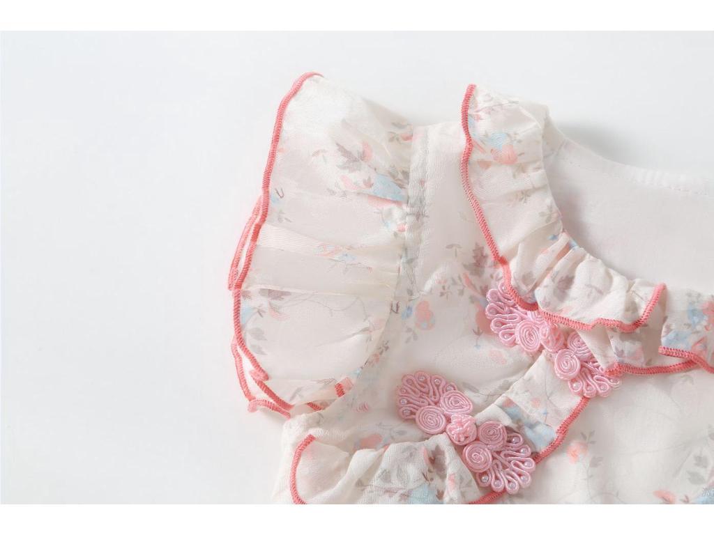 Baby Girl Floral Hanfu Jumpsuit Cheongsam Romper - Short Sleeve Snap Crotch