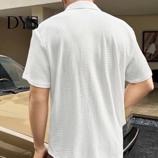 Casual Top Summer Spring Men Shirt Turn-down Collar Water Wave Texture Single-breasted Commute Loose Solid Color Short Sleeves Office