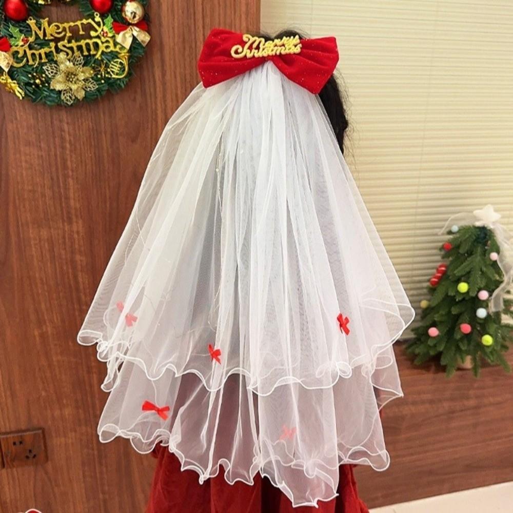 Velvet Christmas Veil Headband Red Bow Veil Gift Christmas Head Gauze Hair Clip