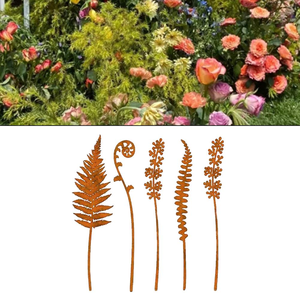 Vintage Metal Garden Stakes Set of 5 for Outdoor Use to Add Decorative Flair to Lawns Flower Beds Pathways and Porch Areas