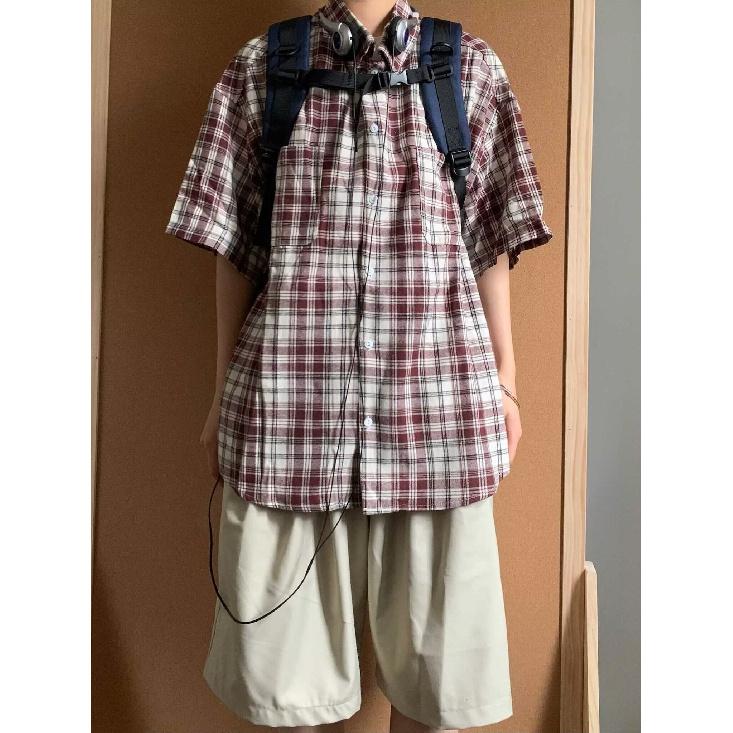 Retro Plaid Shirt Men'S Short Sleeved Trendy Casual Versatile Shirt Hong Kong Style Spring And Autumn Hooligan Handsome Inch Jacket