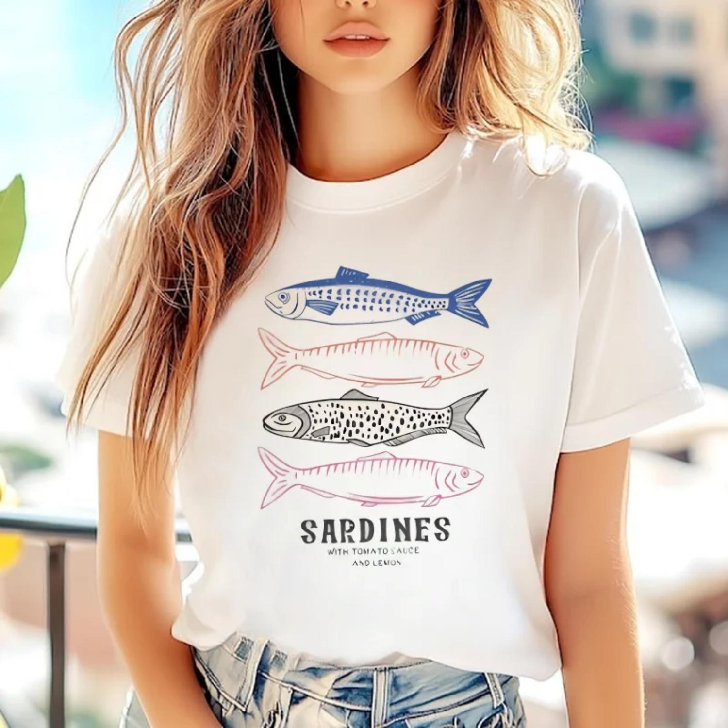 

Women s Short Sleeve Sardine Printed T-Shirt Basic Round Neck Women s Clothing Fashion Style Street New Travel Holiday T-Shirt XXXXXL