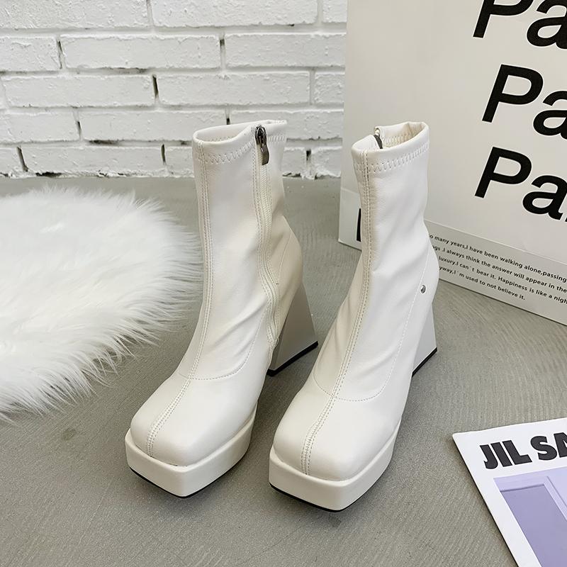Fashion Square High Heel Women Western Cowgirl Boots Fashion Side Zippers Shoes Autumn Winter Ladies Elegant Platform Short Booties