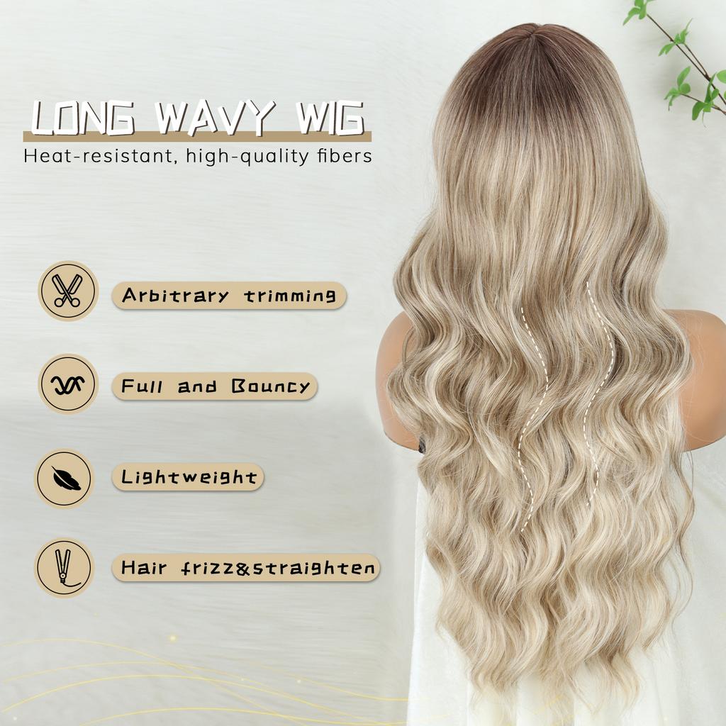 MERISIHAIR Synthetic Long Wavy Wigs With Bangs For Women Cosplay Natural Brown To Light Grey Hair Wig High Temperature Fiber