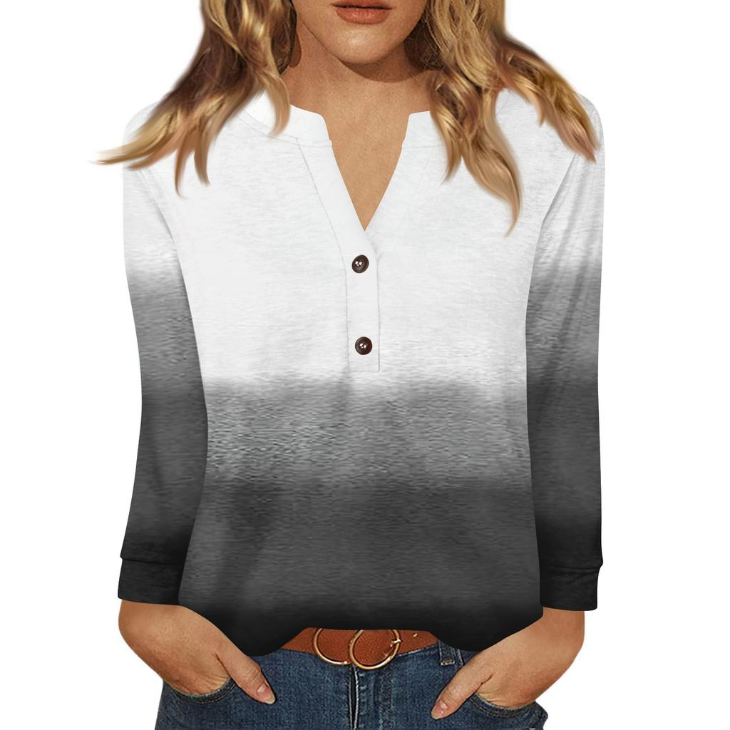 Women's T Shirt Print Button Long Sleeve Daily Weekend Fashion Basic V- Neck Regular Top