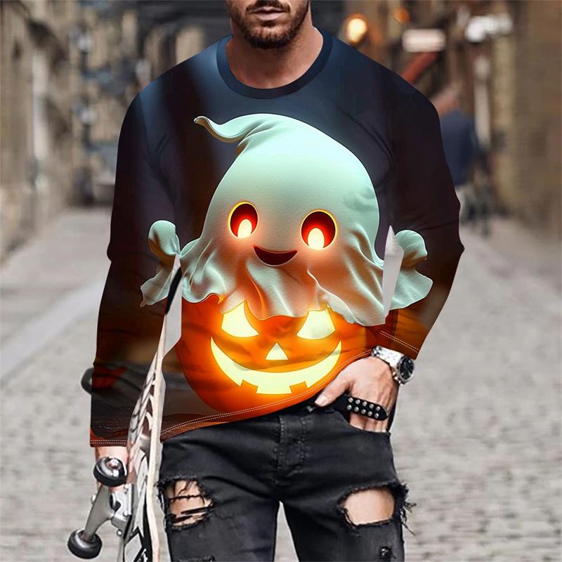 Autumn Round Neck Halloween Ghost and Pumpkin Pattern 3D Printed Top Fashionable Casual Long Sleeved Men's T-shirts